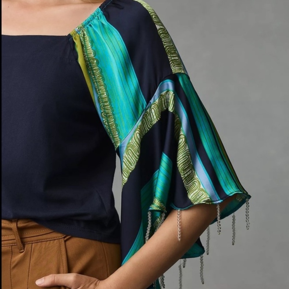 Anthropologie TINY Blue Green Beaded Bell Sleeve Top - Picture 3 of 15